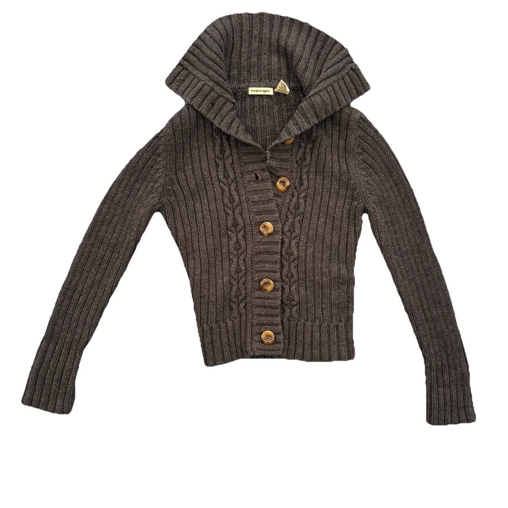 Energie Charcoal Gray Cable Knit Cardigan Size M Winter Outdoor Layers Classic
